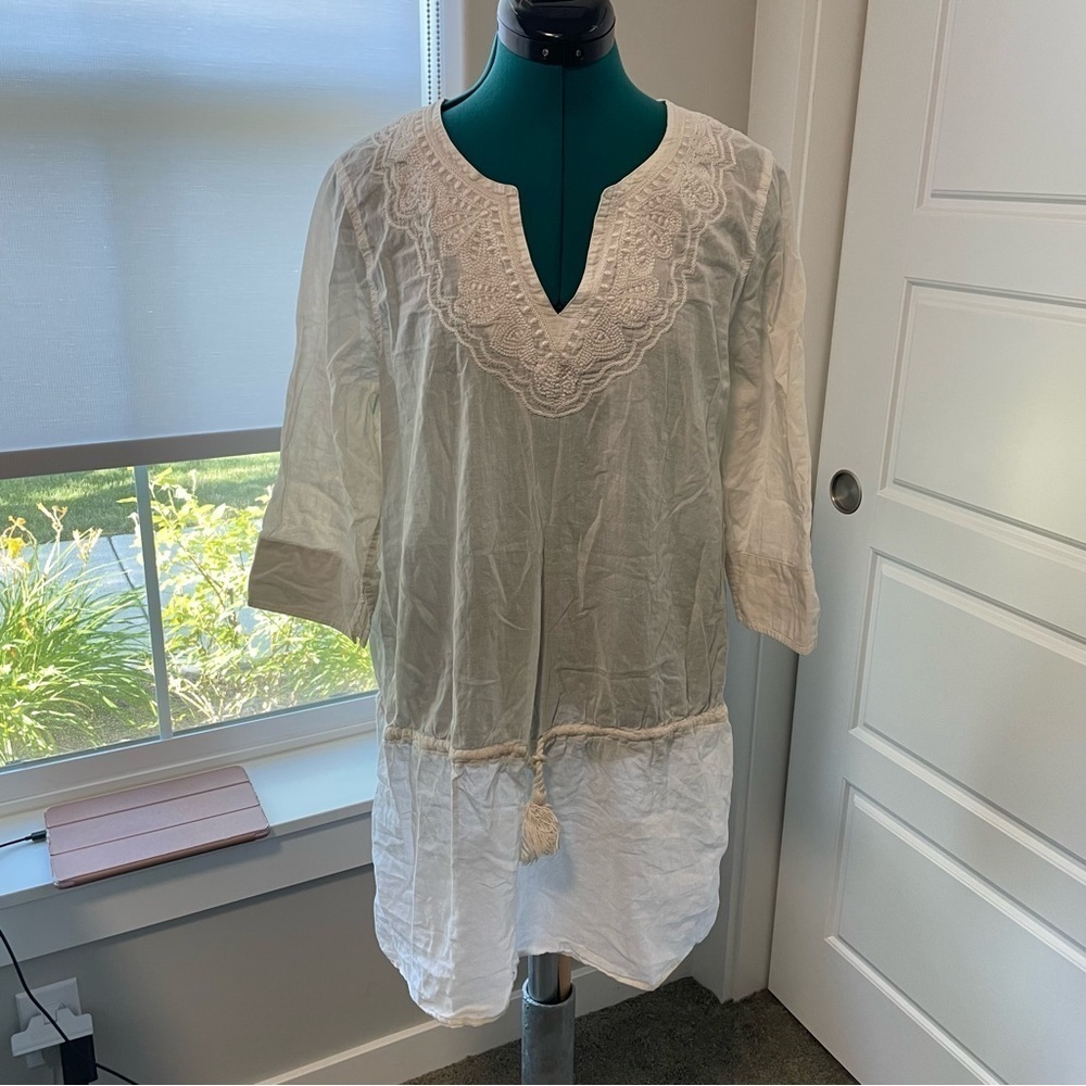 Lands’ End White 100% Cotton 3/4 Sleeves Short Swim Cover Up Medium Resortwear